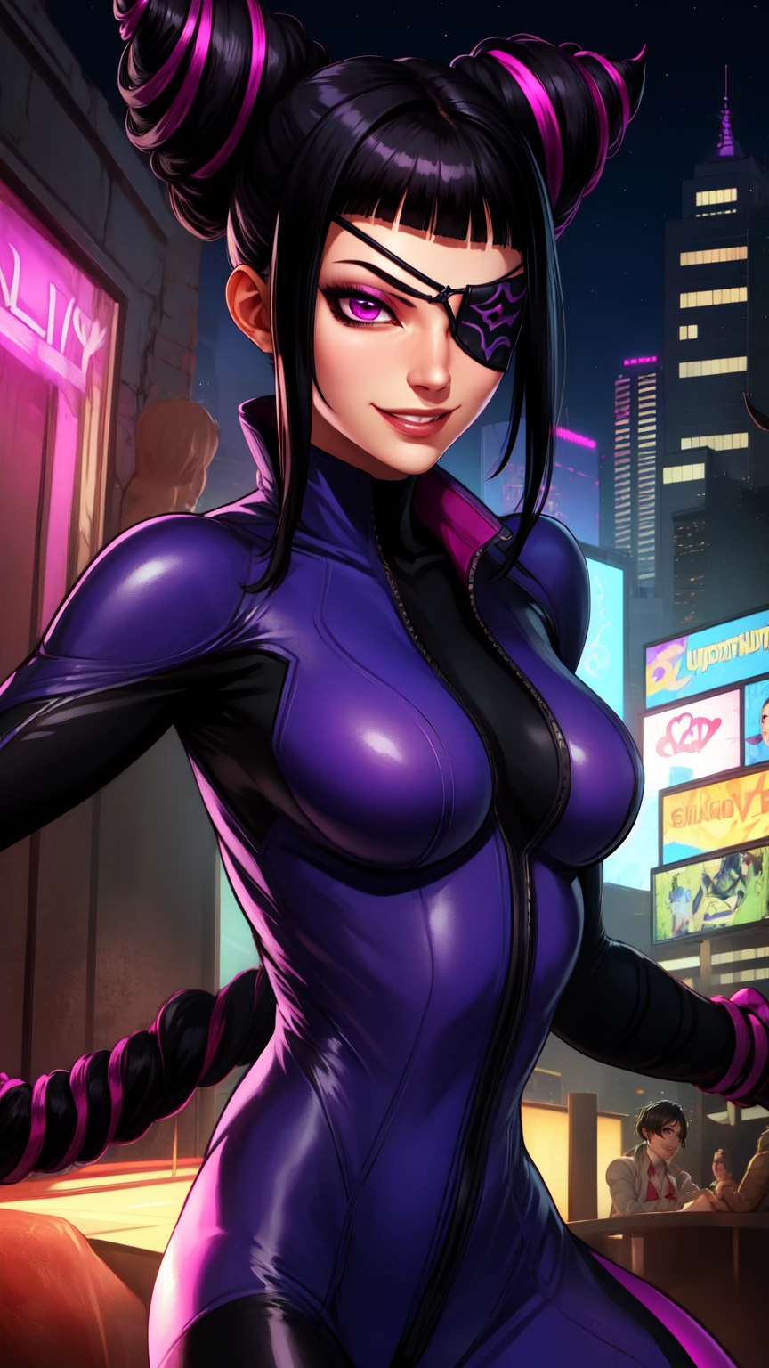 Juri , black hair,two-tone hair, hair horns, purple eyes, eyepatch,  
bodysuit, clothing cutout, 
standing, upper body, evil smile, 
night club,
(insanely detailed, beautiful detailed face,beautiful detailed eyes, masterpiece, best quality) , solo,