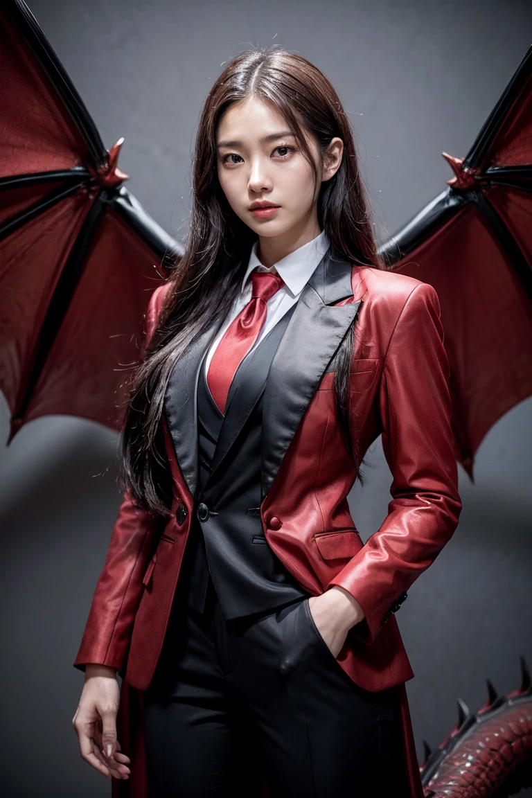 anime woman in a suit and tie with a dragon in the background, dragon - inspired suit, by Yang J, human and dragon fusion, handsome japanese demon girl, handsome girl in demon slayer art, epic and classy portrait, trendin on artstation, by Oliver Sin, crimson attire, black and red suit, highly detailed exquisite fanart, handsome female vampire