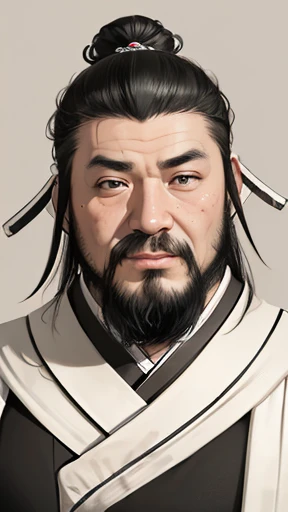 Monochrome,Oriental、Men in ancient Chinese costumes、(ancient chinese hairstyle male)、As seen in the Romance of the Three Kingdoms々military commander、Highest quality、masterpiece、Ultra-high resolution、(Realistic:1.4)、Game Poster、Crisp and beautiful image quality、beard、Embroidered cloth wrapped around a topknot、whole body ,((Skin of color, ),(Heavy Blackbeard):1.2), ( (Very detailed, bloom:1.5), (Highest quality, Concept Art, 4K), (analog:1.2), (high sharpness), (Detailed pupil:1.1), (Painting:1.1), (digital Painting:1.1), Detailed face and eyes, masterpiece, Highest quality, (Very detailed写真:1.1), 8K, photoRealistic, (Black Hair, Dynamic Short Hair), (PurerosFace_v1:0.2), [:(Detailed face:1.2):0.2], sharp, Realistic, Realistic Shadow, 