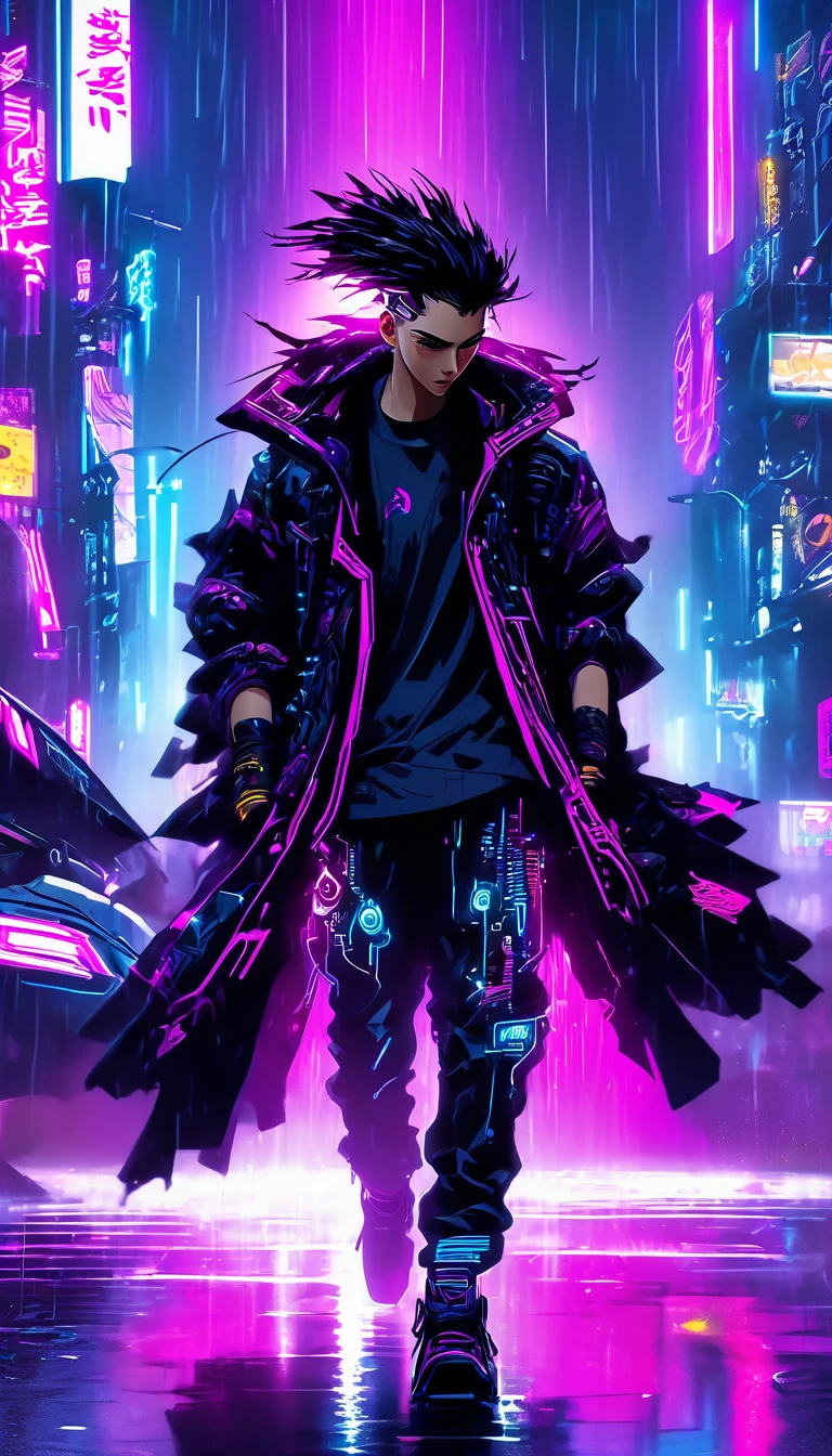 (Masterpiece, Best Quality, high resolution, 32k drive wallpaper, Extremely detailed CG:1), (weak illustration on stage:1.0), ((1 young handsome cyberpunk:1.5 dancing in the rain:1.7 )),(( cyberpunk night city:1.4)), neon signs futuristic cars,dark place rain, ((wet clothes magenta neon lights perfectly illuminating the young man:1.45) . 32k