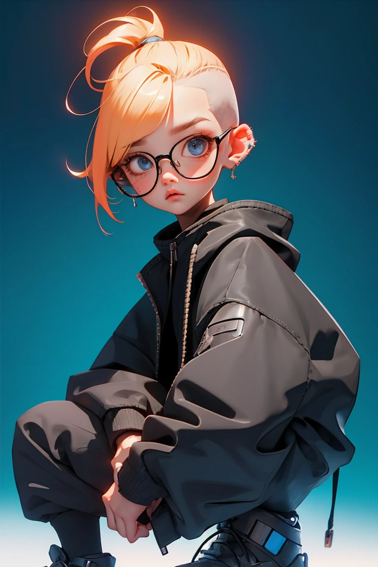 Blind Box,Simple Background,Extraordinary wide portrait of microscopic unknown little small クール cyberpunk alien species over orange tech style of high tech fashion professional photography, 8K, White Blonde Hair，Shaved head,Boy with futuristic glasses，Black jacket，Crouching