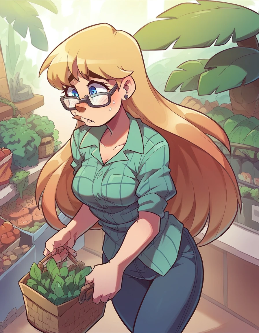 Ralph Bakshi Style, awkward curvy big-nose dirty-blonde with small_breasts and blue eyes with glasses and medium-long hair, plant shopping