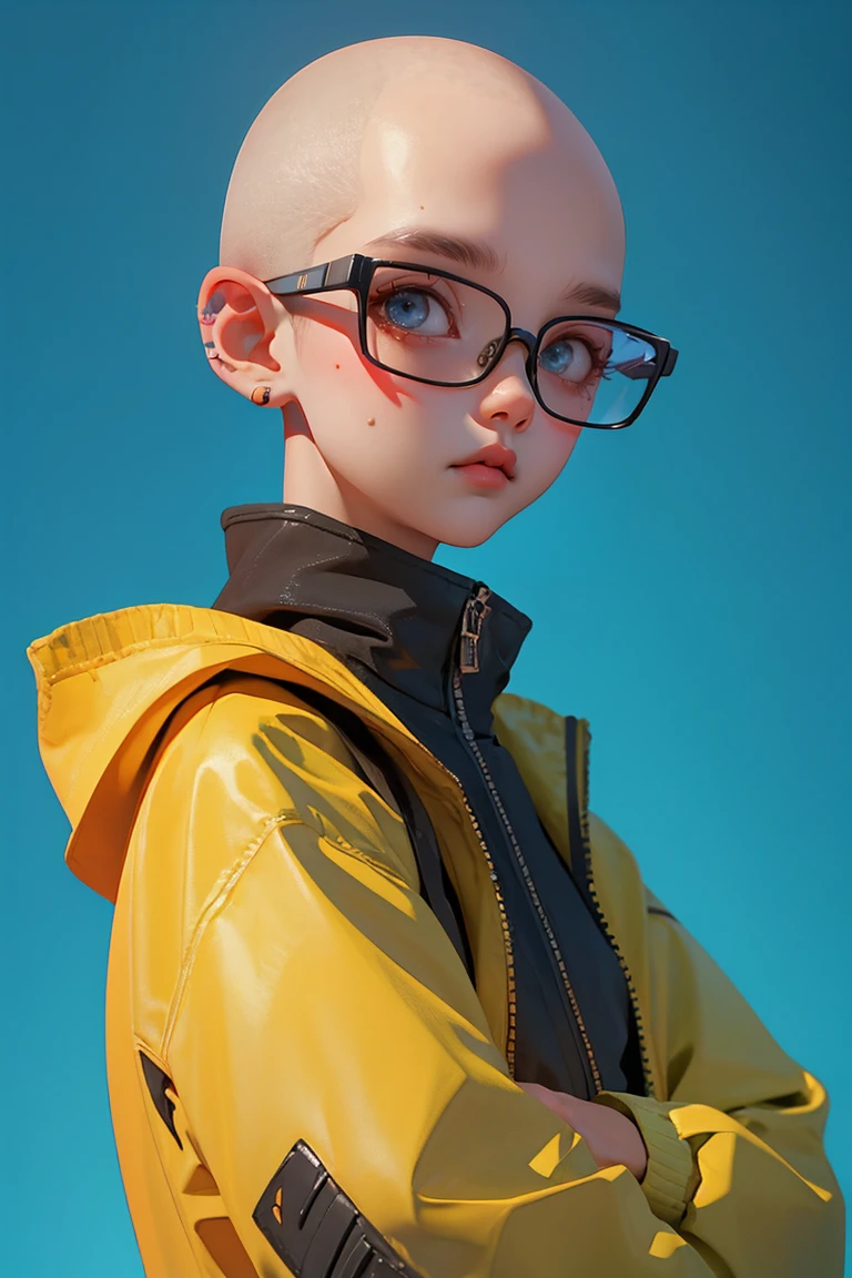 Blind Box,Simple Background,Extraordinary wide portrait of microscopic unknown little small クール cyberpunk alien species over orange tech style of high tech fashion professional photography, 8K, White Blonde Hair，Shaved head,Boy with futuristic glasses，Black jacket，Crouching，
