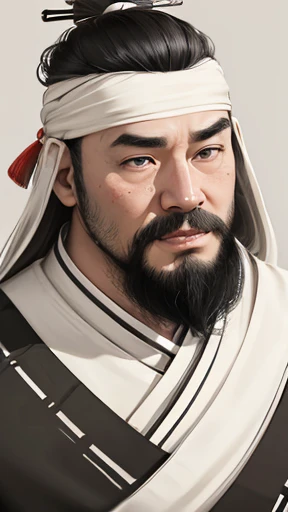 Monochrome,Oriental、Men in ancient Chinese costumes、(ancient chinese hairstyle male)、As seen in the Romance of the Three Kingdoms々military commander、Highest quality、masterpiece、Ultra-high resolution、(Realistic:1.4)、Game Poster、Crisp and beautiful image quality、beard、Embroidered cloth wrapped around a topknot、whole body ,((Skin of color, ),(Heavy Blackbeard):1.2), ( (Very detailed, bloom:1.5), (Highest quality, Concept Art, 4K), (analog:1.2), (high sharpness), (Detailed pupil:1.1), (Painting:1.1), (digital Painting:1.1), Detailed face and eyes, masterpiece, Highest quality, (Very detailed写真:1.1), 8K, photoRealistic, (Black Hair, Dynamic Short Hair), (PurerosFace_v1:0.2), [:(Detailed face:1.2):0.2], sharp, Realistic, Realistic Shadow, 