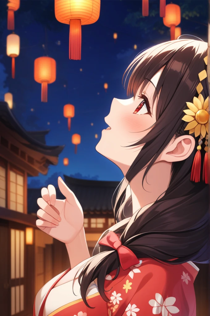 alone, One girl、Crown braids in the same color as your hair, hair ornaments, Hair Ribbon,(A light blue kimono with a red floral pattern and a red obi.)、Red Eyes、Black Hair、(blush:1.6)、(Profile of a smiling face with his mouth open:1.6)、Larger breasts、(The background is fireworks at night)、(Side view)、Looking up