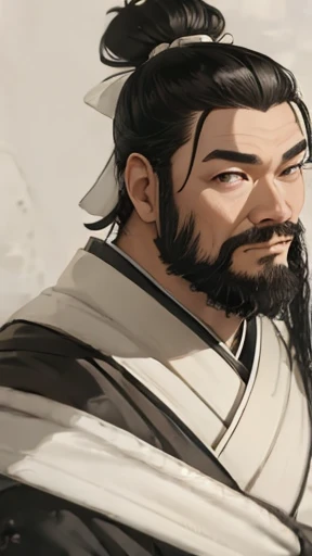 Monochrome,Oriental、Men in ancient Chinese costumes、(ancient chinese hairstyle male)、As seen in the Romance of the Three Kingdoms々military commander、Highest quality、masterpiece、Ultra-high resolution、(Realistic:1.4)、Game Poster、Crisp and beautiful image quality、beard、Embroidered cloth wrapped around a topknot、whole body ,((Skin of color, ),(Heavy Blackbeard):1.2), ( (Very detailed, bloom:1.5), (Highest quality, Concept Art, 4K), (analog:1.2), (high sharpness), (Detailed pupil:1.1), (Painting:1.1), (digital Painting:1.1), Detailed face and eyes, masterpiece, Highest quality, (Very detailed写真:1.1), 8K, photoRealistic, (Black Hair, Dynamic Short Hair), (PurerosFace_v1:0.2), [:(Detailed face:1.2):0.2], sharp, Realistic, Realistic Shadow, 