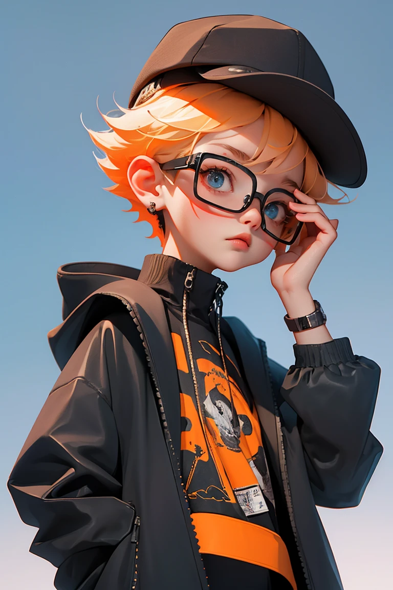 Blind Box,Simple Background,Extraordinary wide portrait of microscopic unknown little small クール cyberpunk alien species over orange tech style of high tech fashion professional photography, 8K, White Blonde Hair，Shaved head,Boy with futuristic glasses，Black jacket，Crouching，Wearing a black hat