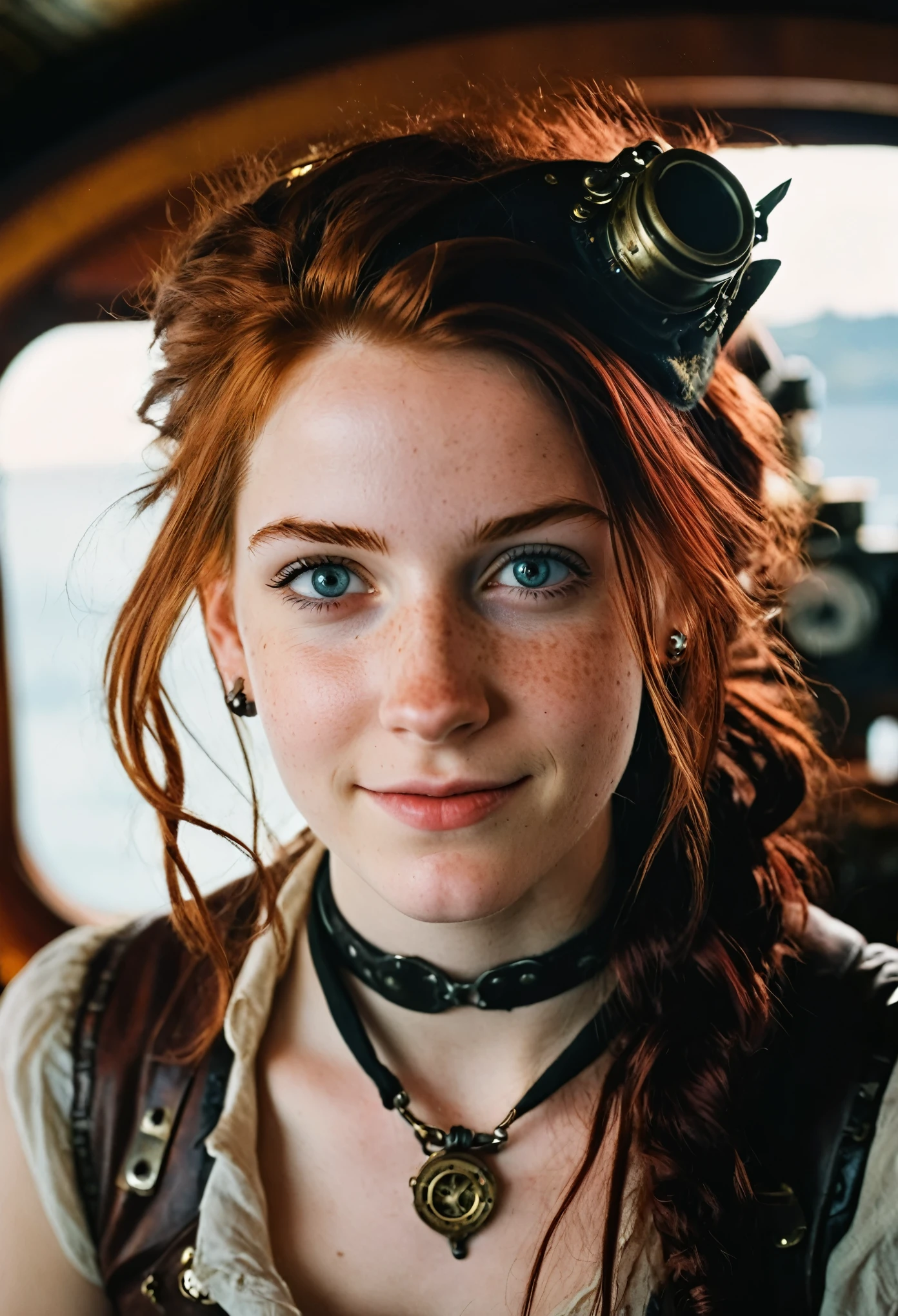 (editorial photography of a 20 year old Tifa Lockhart), (highly detailed face:1.4) (smile:0.7) (background inside dark, moody, private study:1.3), steampunk pirate's airship, nikon d850, film stock photography, for kodak portra 400 ,camera f1.6 lens, bokeh, analog style, rich colors, hyper realistic, lifelike texture, dramatic lighting, cinestill 800, messy hair, serious, (freckles:0.4), pale skin, cute sexy