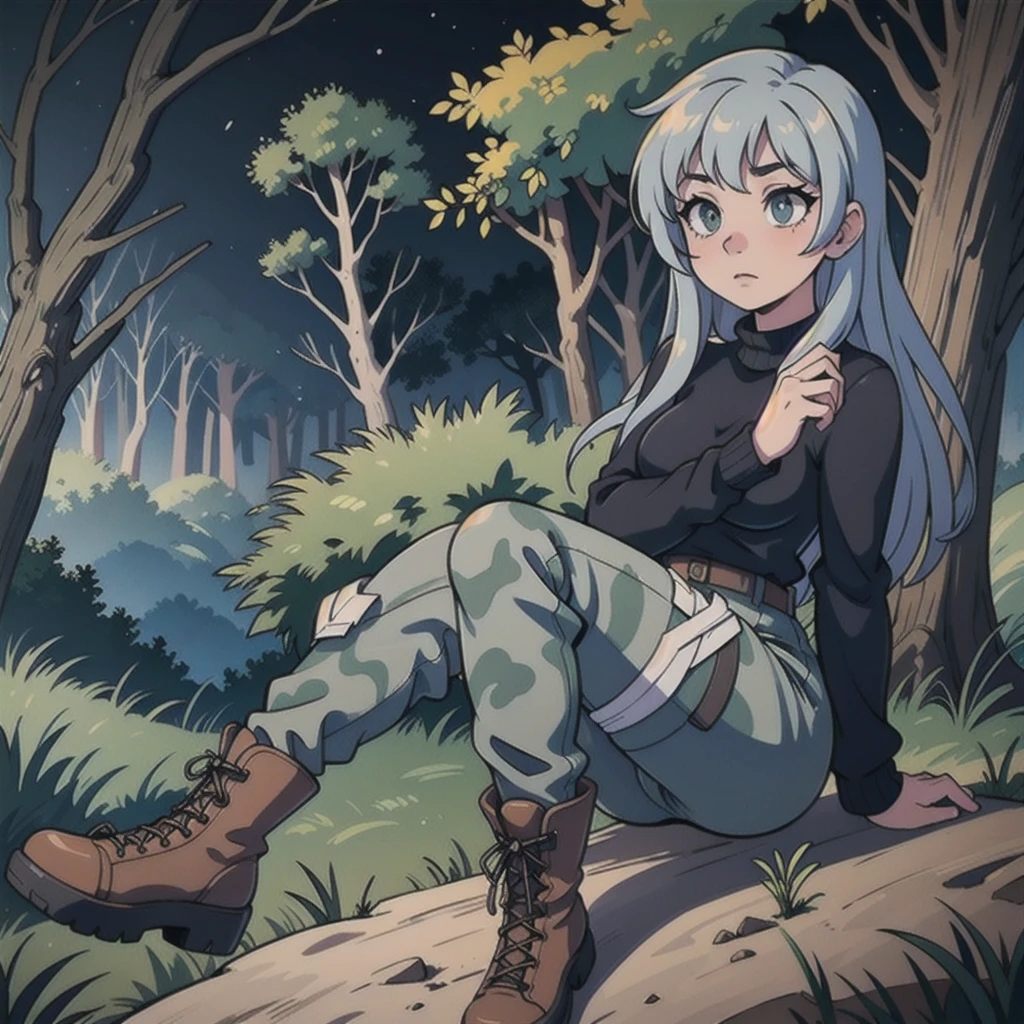 a girl wearing black sweaters,gray camouflage pants,army boots,standing in a dark forest at night,(realistic,photorealistic,photo-realistic:1.37),ultra-detailed,masterpiece,HDR,high quality,dramatic lighting,moody atmosphere,cinematic,award winning photograph,detailed facial features,beautiful eyes,sharp focus,intricate details,textured clothing,environmental details,mist,moonlight,shadows,silhouettes