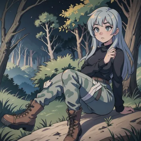a girl wearing black sweaters,gray camouflage pants,army boots,standing in a dark forest at night,(realistic,photorealistic,phot...