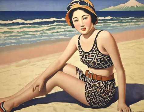 (((1930s japanese poster)))),sunset on the beach,masterpiece,close-up,portrait,lay face down on the beach,japanese woman,(japane...