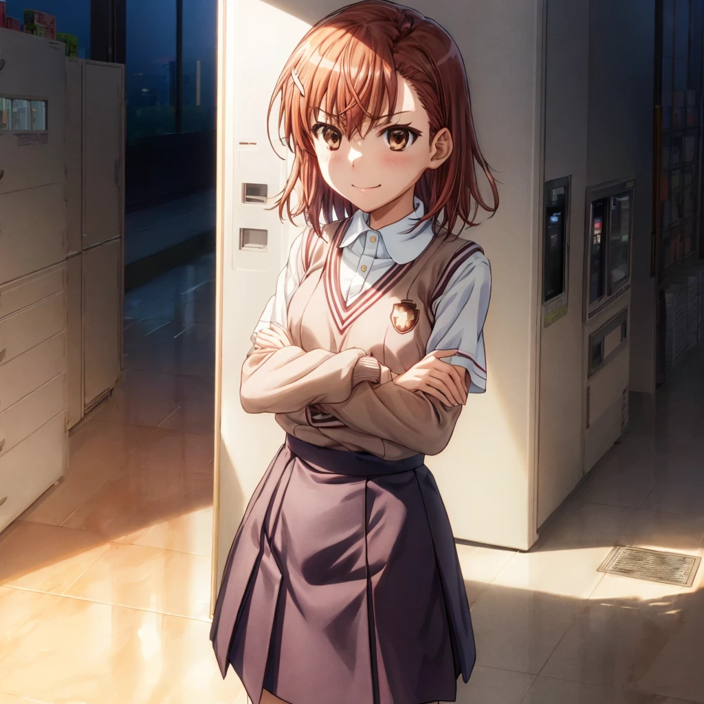 superior_Mikoto, One Girl, alone, School_uniform, tokiwadai_School_uniform, smile，sweater_Best, masterpiece，skirt, brown_sweater_Best,Laughter、Schools、Arms crossed，Blitzkrieg，vending machine