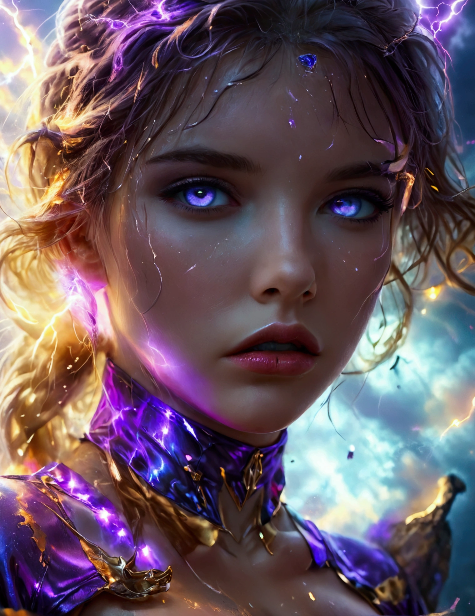 a cute woman, 25 years old, violet eyes, violet metallic sleeves, violet metallic thigh high boots, lightning goddess, floating in storm clouds, held in air by arcs of lightning, best quality, 8k, highres, masterpiece, ultra-detailed, realistic, photorealistic, photo-realistic, HDR, UHD, studio lighting, ultra-fine painting, sharp focus, physically-based rendering, extreme detail description, professional, vivid colors, bokeh, fantasy, cinematic lighting, dramatic, glowing, ethereal, moody, mystical (show all of her, Priority: show her entire body show her entire body)
