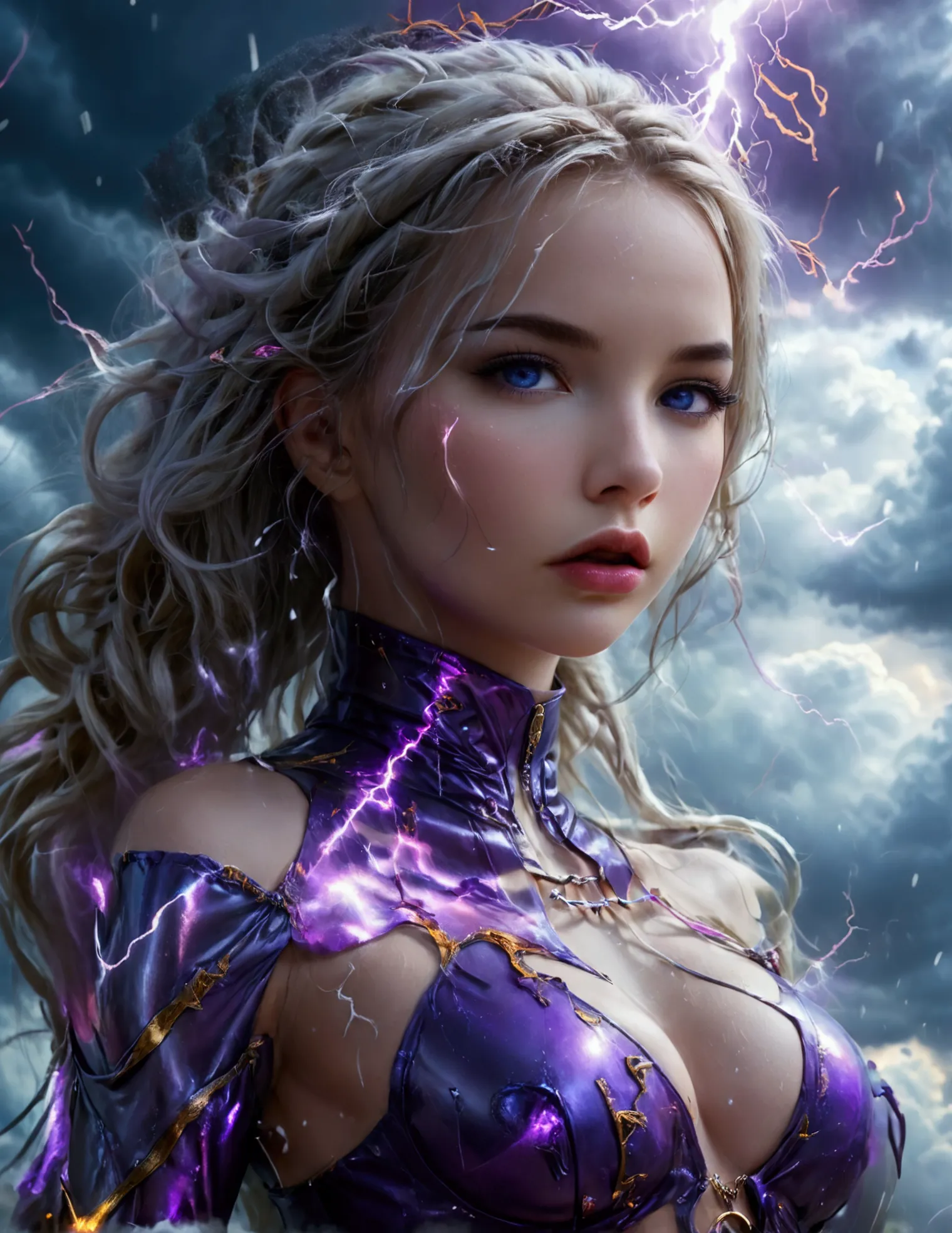 a cute woman, 25 years old, violet eyes, violet metallic sleeves, violet metallic thigh high boots, lightning goddess, floating ...