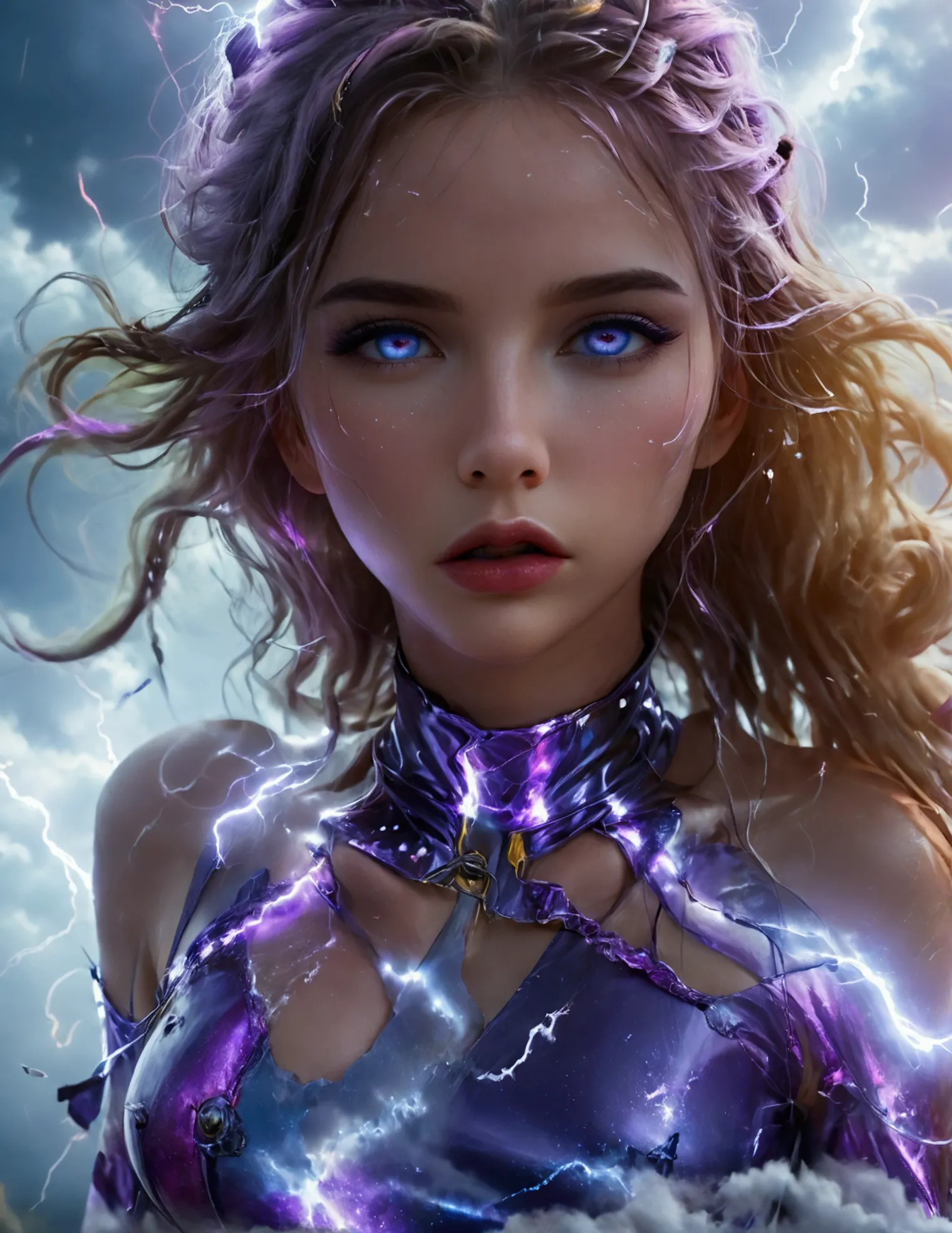 a cute woman, 25 years old, violet eyes, violet metallic sleeves, violet metallic thigh high boots, lightning goddess, floating ...