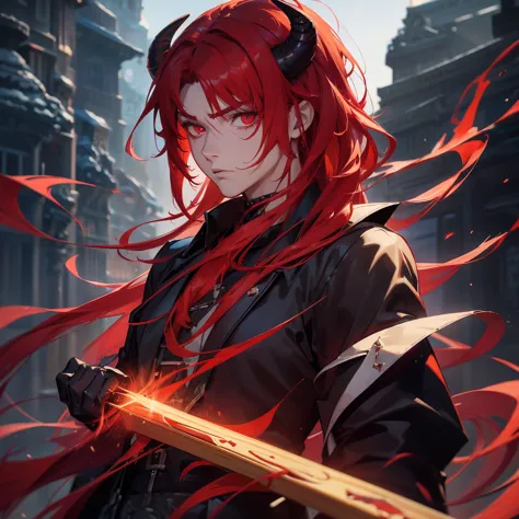 1 handsome guy in demon killer art, demon horn, red hair，,  inspired by bian shoumin, heise jinyao, inspired by seki dosheng, ca...