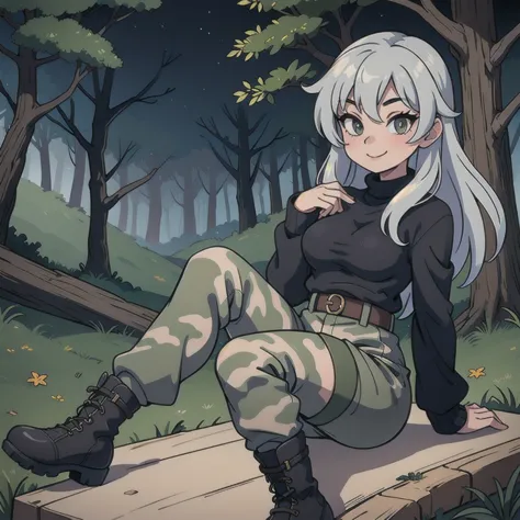   Sexy Girl wearing black sweaters, gray camouflage pants, seductive smile,army boots, forest night,