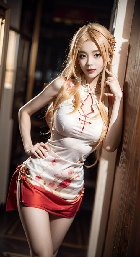 Yuuki Asuna,
cheongsam, china dress, chinese clothes, sleeveless, bare shoulders, ((Bare shoulders)), ((Full breasts)), ((The sk...