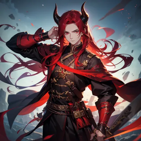 1 handsome guy in demon killer art, demon horn, red hair，sword,  inspired by bian shoumin, heise jinyao, inspired by seki doshen...