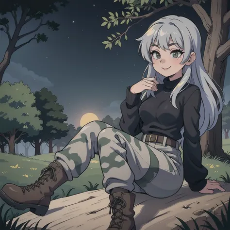   Sexy Girl wearing black sweaters, gray camouflage pants, seductive smile,army boots, forest night,