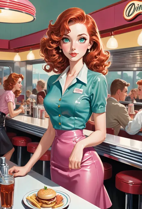1girl, ((waitress, carrying food:1.5)), red hair in shoulder length curls, fair complexion, green eyes, slim, captivating, elega...