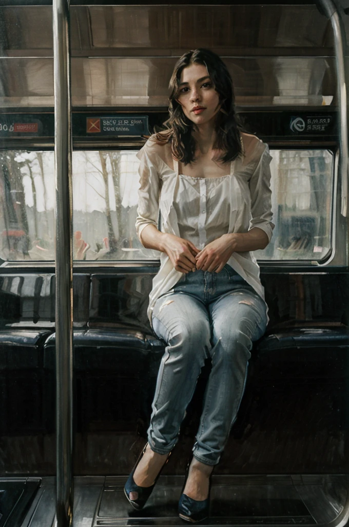 Oil painting of an elegant slim woman sitting in a Metro car ((ONE WOMAN ONLY)) ((woman dressed in white)) modern dress, gray jeans pants, modern, actual, Nick Alm, by Andrea Pozzo, Jeremy Lipking, range murata Jeremy Lipking, by Carlo Mense, inspired by Enrique Simonet, sargento marshénnikov, by Michael Ford, krenzcushart, Jeremy Lipking full length shot, by Josep Rovira Soler