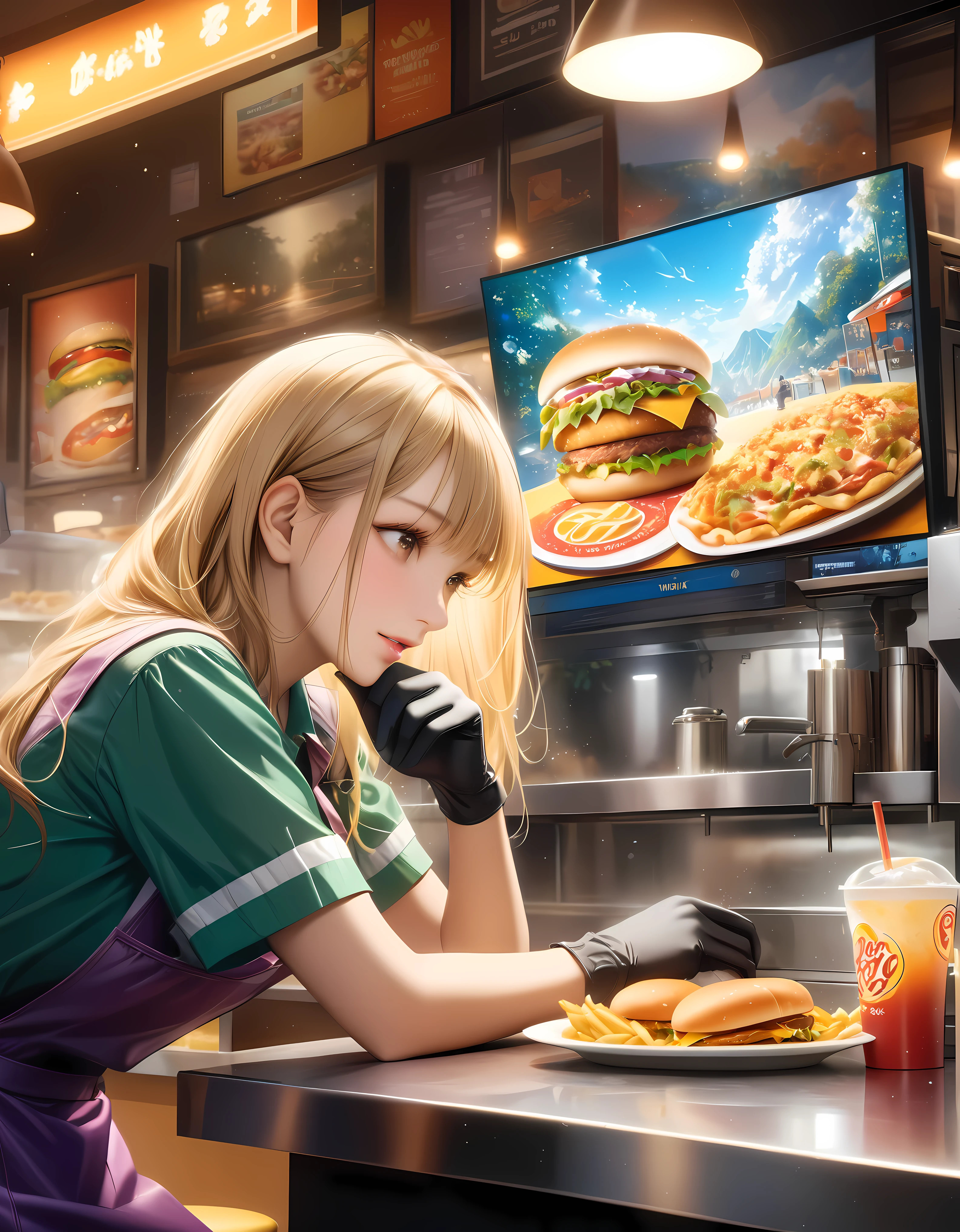 ((Masterpiece in maximum 16K resolution):1.6),((soft_color_photograpy:)1.5), ((Ultra-Detailed):1.4),((Movie-like still images and dynamic angles):1.3) | ((double contact):1.3), ((Supermodel beauty as a Fast Food Worker):1.2), ((Superimposed on Blonde Hair Cute Female):1.1), ((Fast food restaurant lighting):1.3), Oil and ink on canvas, fine dark art, super dramatic light, photoillustration, amazing depth, the ultra-detailed, iridescent black, superfluous dreams, intricately details, amazing depth, Amazing atmosphere, Mesmerizing whimsical vibrant landscapes, ((Fast Food Worker):1.2), ((Detailed Fast Food Restaurant):1.1), ((Happy view):1.1), ((hand gloves):1.1), Maximalism ((beautiful outside, Ugly inside, pressure and pain, beauty and despair, hard and soft, positive and negative, hot and cold, Sweet and sour, Vibrant but boring, Perfect harmony, light and shadows, old and young, Black and white, Corresponding color, loud and quiet, Chaos and peace, life and death):1.2) The complex masterpiece of a real-time engineering leader. | Rendered in ultra-high definition with UHD and retina quality, this masterpiece ensures anatomical correctness and textured skin with super detail. With a focus on high quality and accuracy, this award-winning portrayal captures every nuance in stunning 16k resolution, immersing viewers in its lifelike depiction. | ((perfect_composition, perfect_design, perfect_layout, perfect_detail, ultra_detailed)), ((enhance_all, fix_everything)), More Detail, Enhance.