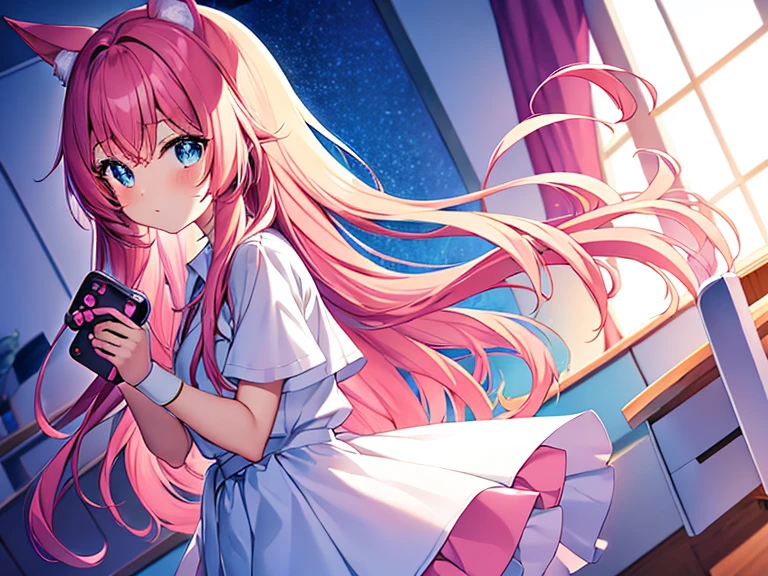 cute anime girl holding a pink video game controller in a room, anime catgirl,a girl wear white shirt and red tie and wear tight white skirt,cute anime catgirl, anime girl with cat ears, blue eyes,flat anime style, nekomimi, lofi girl, catgirl, anime vibes, soft anime illustration, ddlc, girl with cat ears, anime style. 8k, pink straight hair, long bubblegum hair, pink wispy hair, long pink hair, long flowing pink hair, flowing pink hair, wear white skirt, anime girl with long hair and cyan eyes,and wear a tight white shirt and red tie and white skirt, ,digital anime illustration, anime room with a computer, a desk, anime background art, background art, anime aesthetic, personal bedroom background,gaming girls bedroom background, kawaii aesthetic, anime background, lofi girl aesthetic, girl wear white skirt, anime vibes, lofi artstyle, beautiful kawaii lighting, lo-fi illustration style, lofi aesthetic, interior background art, cute detailed digital art, glowing aesthetic, wear white skirt