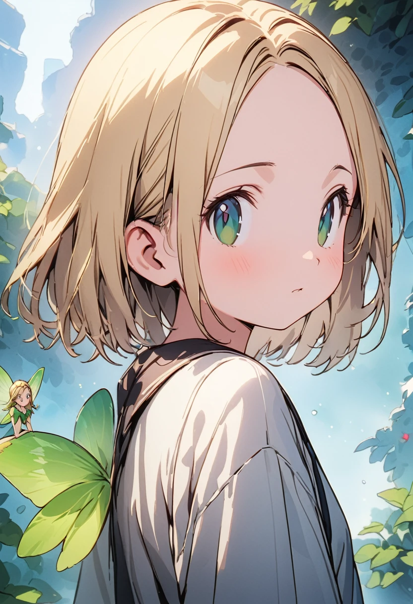 ((masterpiece,High resolution,Highest quality,8K,Detailed face and anatomy))
(One Girl,quiet,10 years old,Fairy,Blonde Bob Hair,No bangs,Wide forehead,Center Part,Beautiful hair quality,Clear Skin,Big green eyes,small,small胸,The body is slim)
