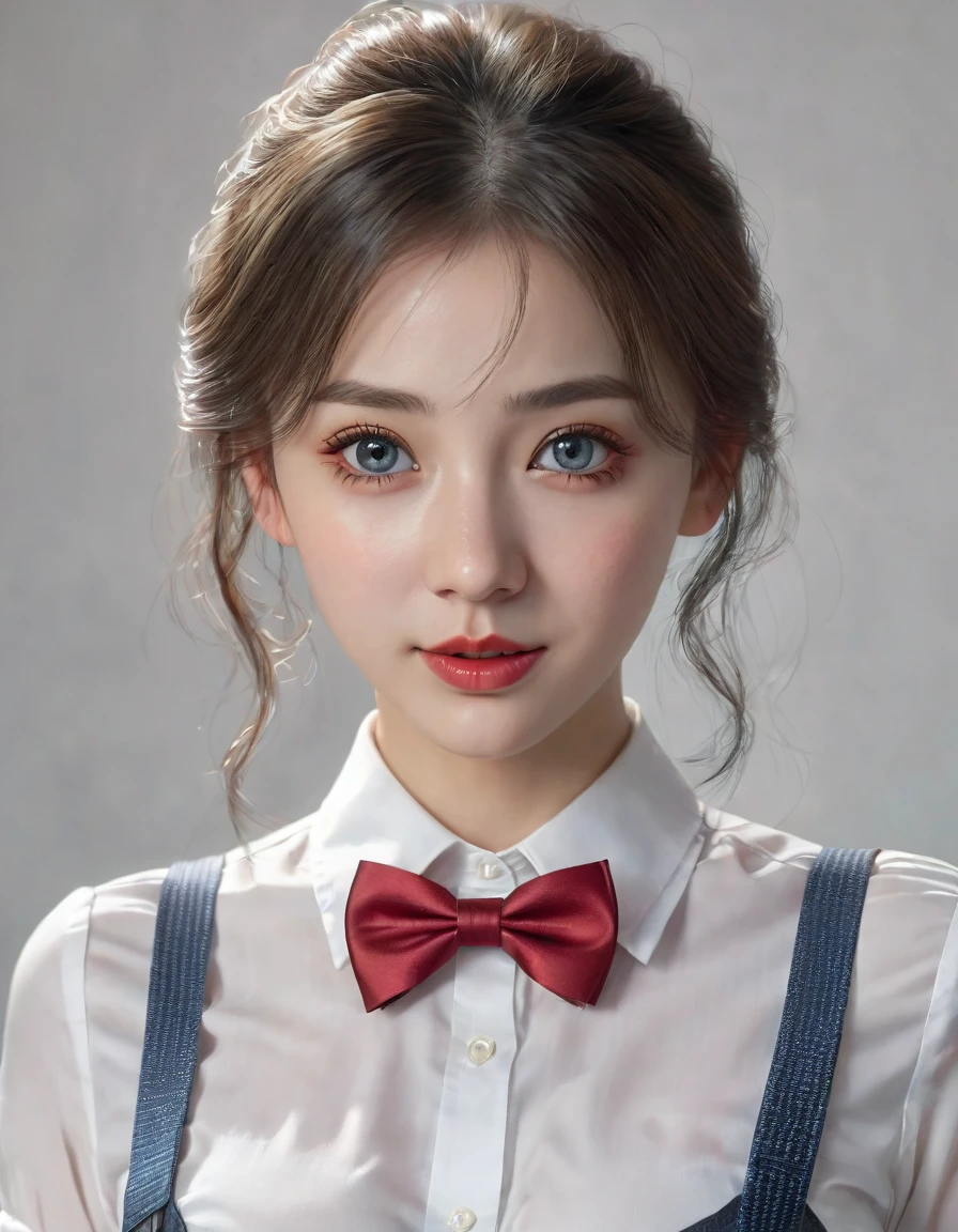 1girl, solo, large breasts, suspender skirt, white shirt, red bowtie, happy, intricate details, beautiful detailed eyes, beautiful detailed lips, extremely detailed face, long eyelashes, photorealistic, hyperrealistic, (best quality,4k,8k,highres,masterpiece:1.2),ultra-detailed,(realistic,photorealistic,photo-realistic:1.37),vibrant colors, cinematic lighting, studio lighting