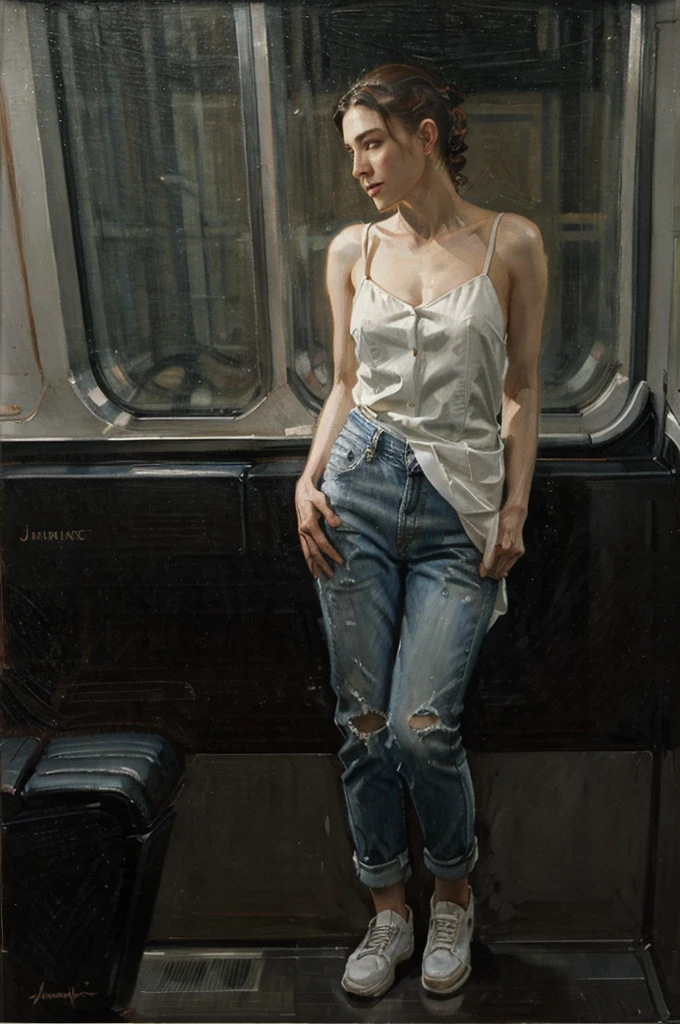 Oil painting of an elegant slim woman sitting in a Metro car ((ONE WOMAN ONLY)) ((woman dressed in white)) modern dress, gray jeans pants, modern, actual, Nick Alm, by Andrea Pozzo, Jeremy Lipking, range murata Jeremy Lipking, by Carlo Mense, inspired by Enrique Simonet, sargento marshénnikov, by Michael Ford, krenzcushart, Jeremy Lipking full length shot, by Josep Rovira Soler