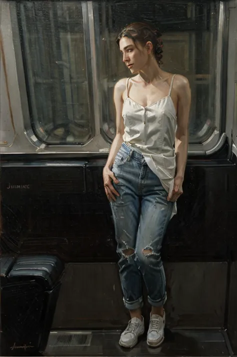 Oil painting of an elegant slim woman sitting in a Metro car ((ONE WOMAN ONLY)) ((woman dressed in white)) modern dress, gray je...
