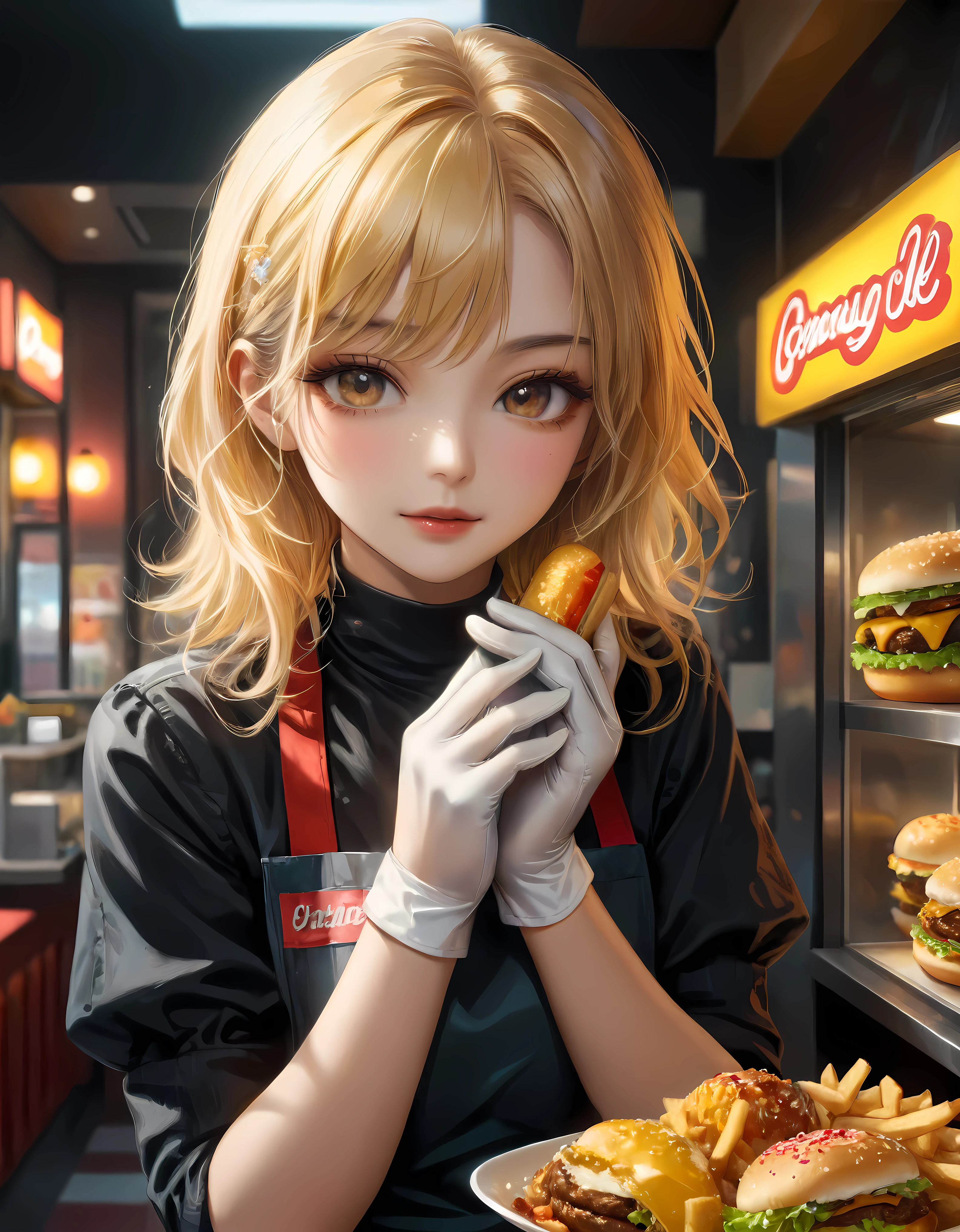 ((Masterpiece in maximum 16K resolution):1.6),((soft_color_photograpy:)1.5), ((Ultra-Detailed):1.4),((Movie-like still images and dynamic angles):1.3) | ((double contact):1.3), ((Supermodel beauty as a Fast Food Worker):1.2), ((Superimposed on Blonde Hair Cute Female):1.1), ((Fast food restaurant lighting):1.3), Oil and ink on canvas, fine dark art, super dramatic light, photoillustration, amazing depth, the ultra-detailed, iridescent black, superfluous dreams, intricately details, amazing depth, Amazing atmosphere, Mesmerizing whimsical vibrant landscapes, ((Fast Food Worker):1.2), ((Detailed Fast Food Restaurant):1.1), ((Happy view):1.1), ((hand gloves):1.1), Maximalism ((beautiful outside, Ugly inside, pressure and pain, beauty and despair, hard and soft, positive and negative, hot and cold, Sweet and sour, Vibrant but boring, Perfect harmony, light and shadows, old and young, Black and white, Corresponding color, loud and quiet, Chaos and peace, life and death):1.2) The complex masterpiece of a real-time engineering leader. | Rendered in ultra-high definition with UHD and retina quality, this masterpiece ensures anatomical correctness and textured skin with super detail. With a focus on high quality and accuracy, this award-winning portrayal captures every nuance in stunning 16k resolution, immersing viewers in its lifelike depiction. | ((perfect_composition, perfect_design, perfect_layout, perfect_detail, ultra_detailed)), ((enhance_all, fix_everything)), More Detail, Enhance.