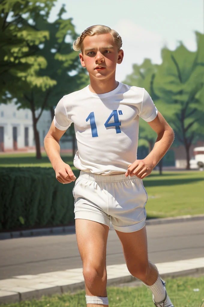 Berlin, 1940. profile view of A young ((((14-year-old)) Werner Pfennig)), young man, running fast, ((((clothings from the 1940s, white shorts and t-shirt)))), ((platinum blonde hairstyle of the 1940s))
