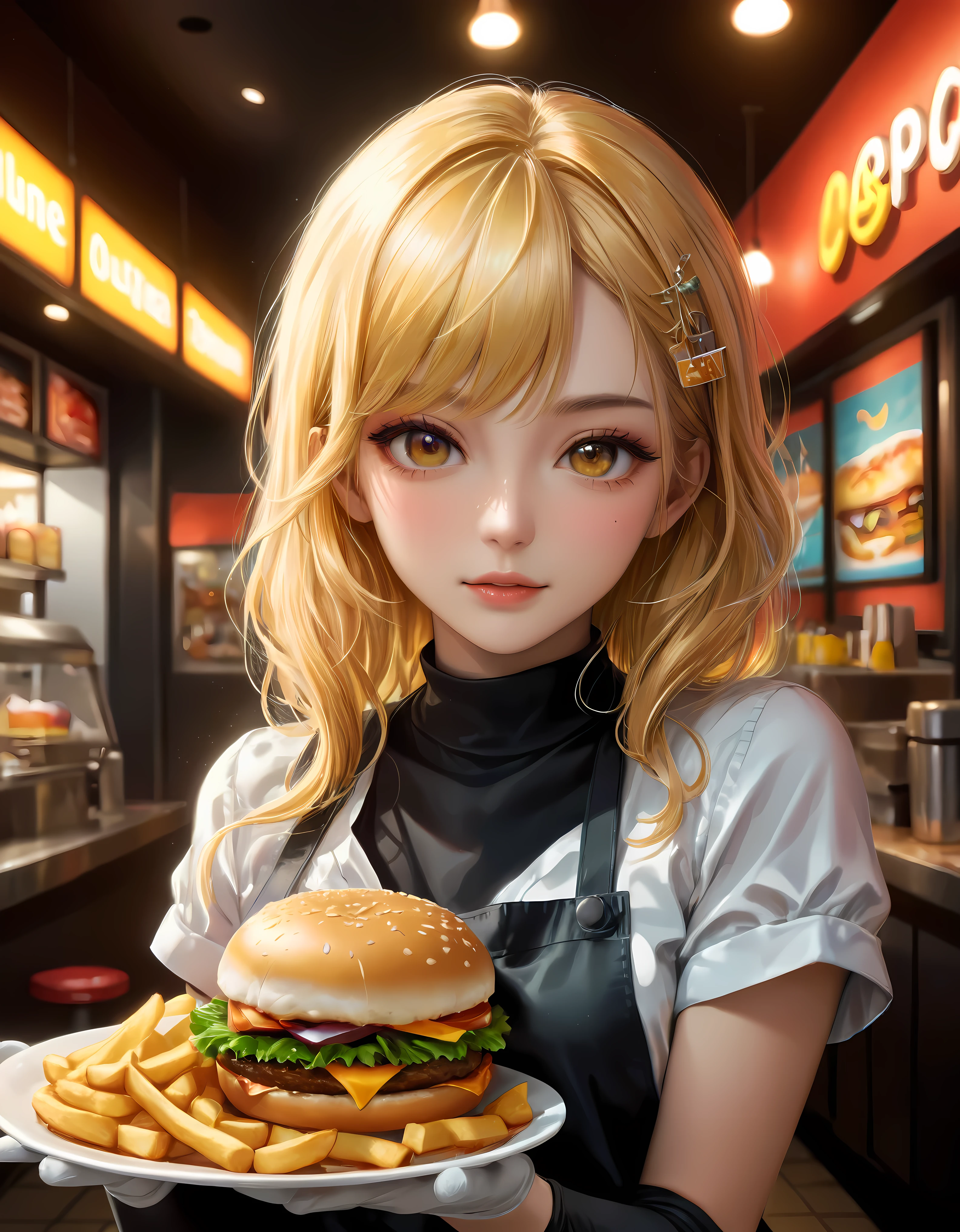 ((Masterpiece in maximum 16K resolution):1.6),((soft_color_photograpy:)1.5), ((Ultra-Detailed):1.4),((Movie-like still images and dynamic angles):1.3) | ((double contact):1.3), ((Supermodel beauty as a Fast Food Worker):1.2), ((Superimposed on Blonde Hair Cute Female):1.1), ((Fast food restaurant lighting):1.3), Oil and ink on canvas, fine dark art, super dramatic light, photoillustration, amazing depth, the ultra-detailed, iridescent black, superfluous dreams, intricately details, amazing depth, Amazing atmosphere, Mesmerizing whimsical vibrant landscapes, ((Fast Food Worker):1.2), ((Detailed Fast Food Restaurant):1.1), ((Happy view):1.1), ((hand gloves):1.1), Maximalism ((beautiful outside, Ugly inside, pressure and pain, beauty and despair, hard and soft, positive and negative, hot and cold, Sweet and sour, Vibrant but boring, Perfect harmony, light and shadows, old and young, Black and white, Corresponding color, loud and quiet, Chaos and peace, life and death):1.2) The complex masterpiece of a real-time engineering leader. | Rendered in ultra-high definition with UHD and retina quality, this masterpiece ensures anatomical correctness and textured skin with super detail. With a focus on high quality and accuracy, this award-winning portrayal captures every nuance in stunning 16k resolution, immersing viewers in its lifelike depiction. | ((perfect_composition, perfect_design, perfect_layout, perfect_detail, ultra_detailed)), ((enhance_all, fix_everything)), More Detail, Enhance.