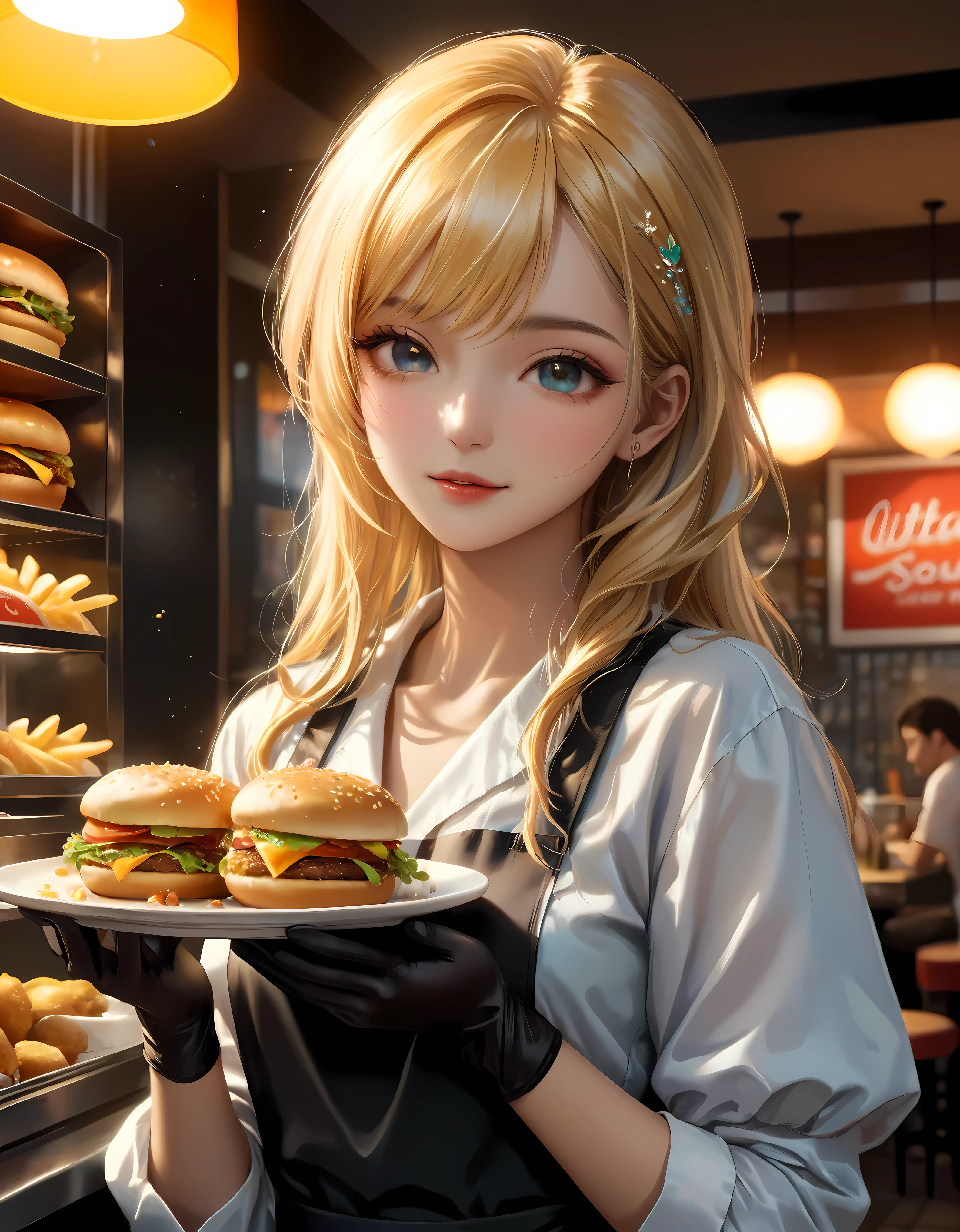 ((Masterpiece in maximum 16K resolution):1.6),((soft_color_photograpy:)1.5), ((Ultra-Detailed):1.4),((Movie-like still images and dynamic angles):1.3) | ((double contact):1.3), ((Supermodel beauty as a Fast Food Worker):1.2), ((Superimposed on Blonde Hair Cute Female):1.1), ((Fast food restaurant lighting):1.3), Oil and ink on canvas, fine dark art, super dramatic light, photoillustration, amazing depth, the ultra-detailed, iridescent black, superfluous dreams, intricately details, amazing depth, Amazing atmosphere, Mesmerizing whimsical vibrant landscapes, ((Fast Food Worker):1.2), ((Detailed Fast Food Restaurant):1.1), ((Happy view):1.1), ((hand gloves):1.1), Maximalism ((beautiful outside, Ugly inside, pressure and pain, beauty and despair, hard and soft, positive and negative, hot and cold, Sweet and sour, Vibrant but boring, Perfect harmony, light and shadows, old and young, Black and white, Corresponding color, loud and quiet, Chaos and peace, life and death):1.2) The complex masterpiece of a real-time engineering leader. | Rendered in ultra-high definition with UHD and retina quality, this masterpiece ensures anatomical correctness and textured skin with super detail. With a focus on high quality and accuracy, this award-winning portrayal captures every nuance in stunning 16k resolution, immersing viewers in its lifelike depiction. | ((perfect_composition, perfect_design, perfect_layout, perfect_detail, ultra_detailed)), ((enhance_all, fix_everything)), More Detail, Enhance.