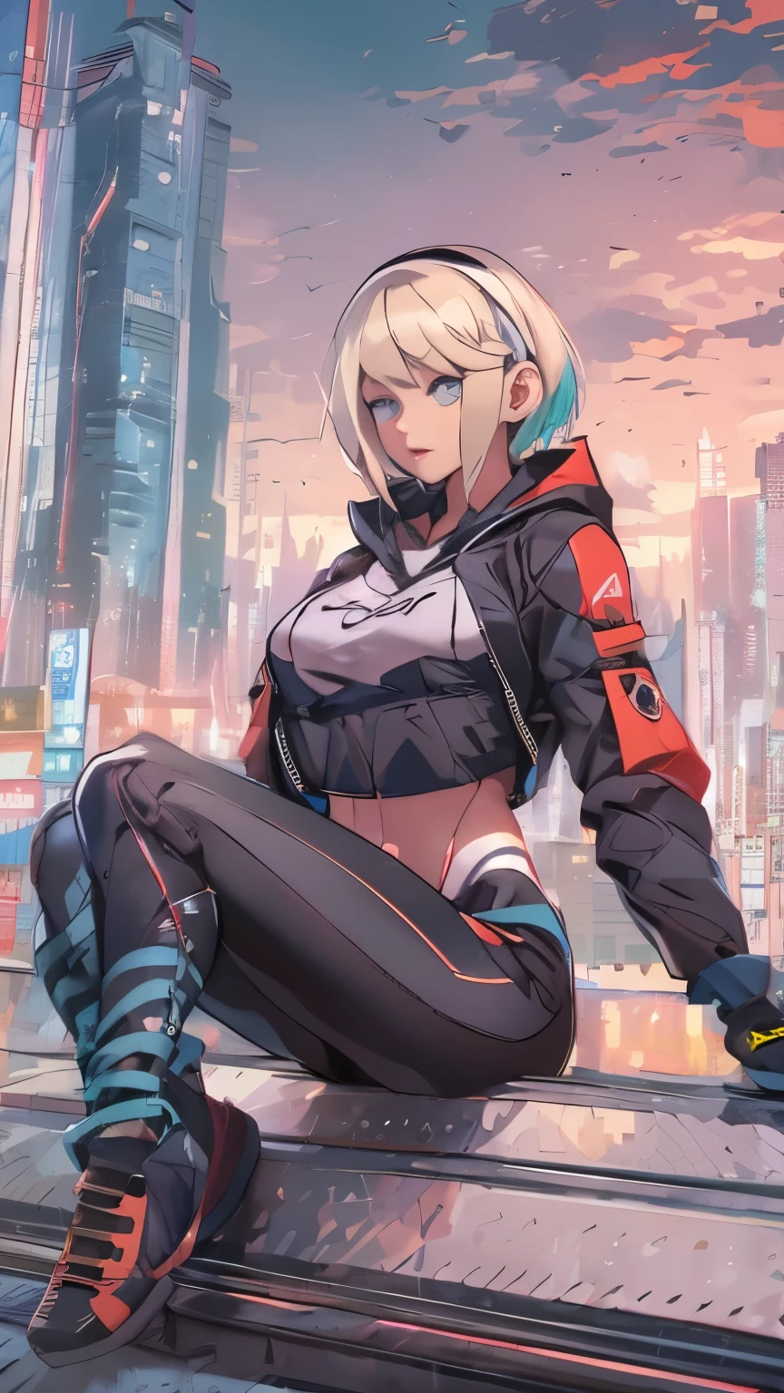 (Highly quality, masterpiece, detailed), city detailed scenario, city detailed background, solo, Android, Gwen, blonde hair, multicolored hair, short hair, hairband, crop top, web-print, hood down, gloves, navel, sitting on top of a building, perfect face, beautiful eyes, look at the viewer, Sexy pose, Spider Android 