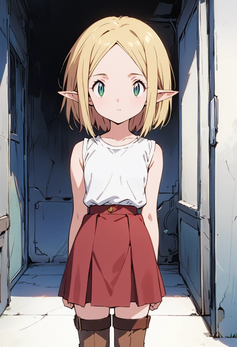 ((masterpiece,High resolution,Highest quality,8K,Detailed faces and anatomy))
(One ELF girl,quiet,10 years old,Blonde Bob Hair,No bangs,Wide forehead,Center Part,Beautiful hair quality,Transparent skin,Big green eyes,Petite,Small breasts,Slim body)
((White blouse,Brown Gored Skirt,Brown boots))