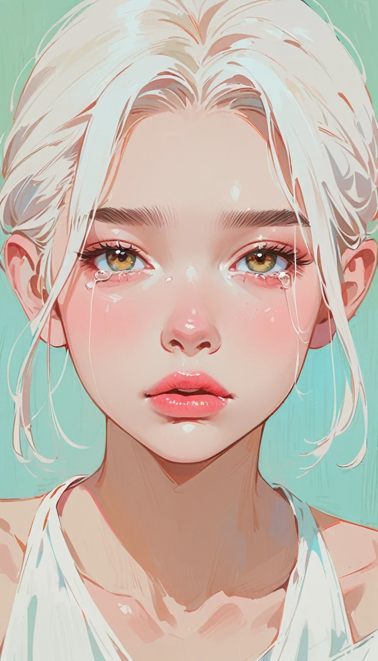 (masterpiece、Highest quality: 1.2)、1 girl、Lonely、Anime Style、White Hair、Pink Lips、Elf、sad、tears、In the style of a leading portraitist、Light blue background。