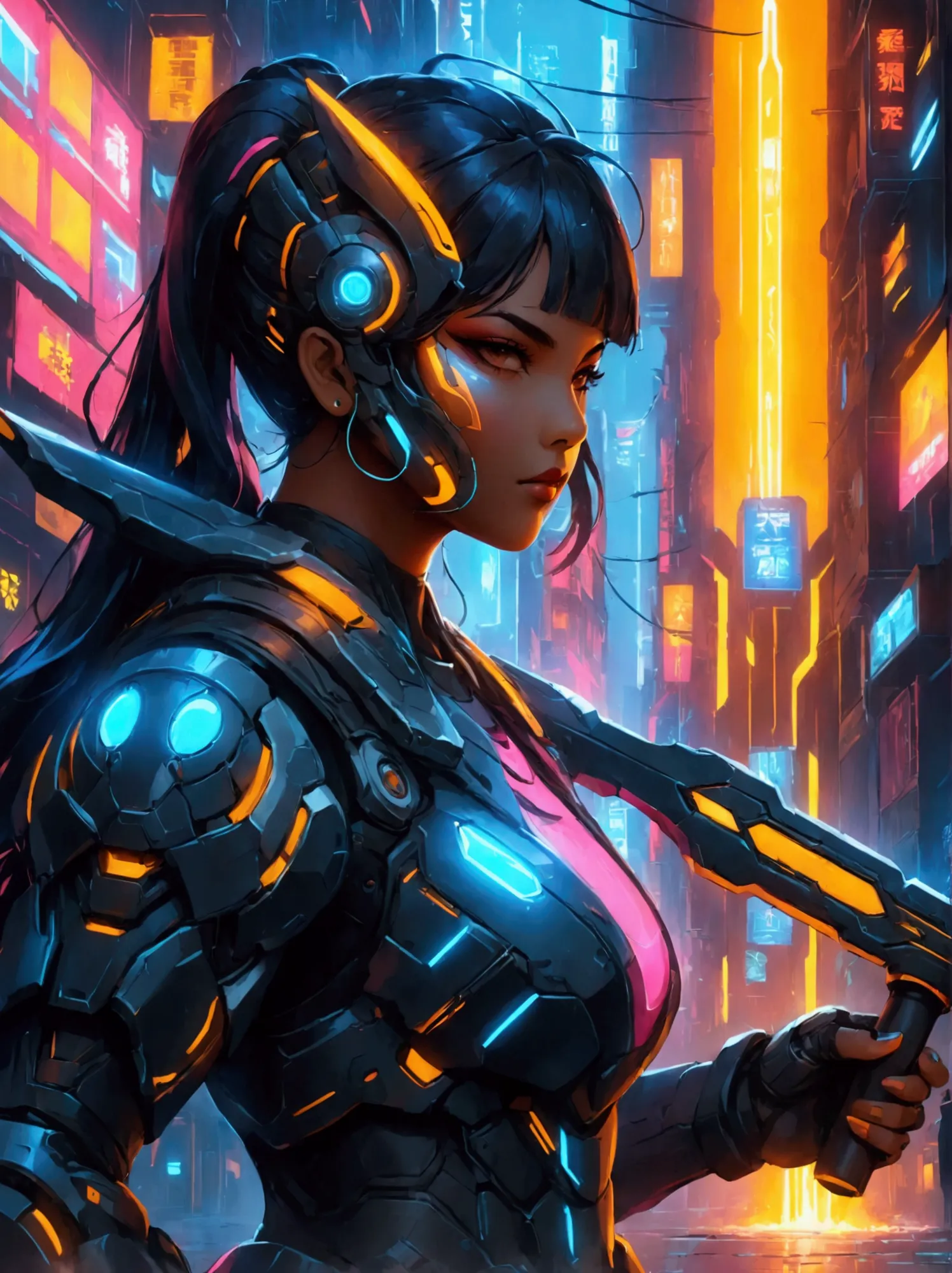 a futuristic warrior, resplendent in glowing armor of vibrant neon shades, stands poised in an active, dynamic stance. the warri...