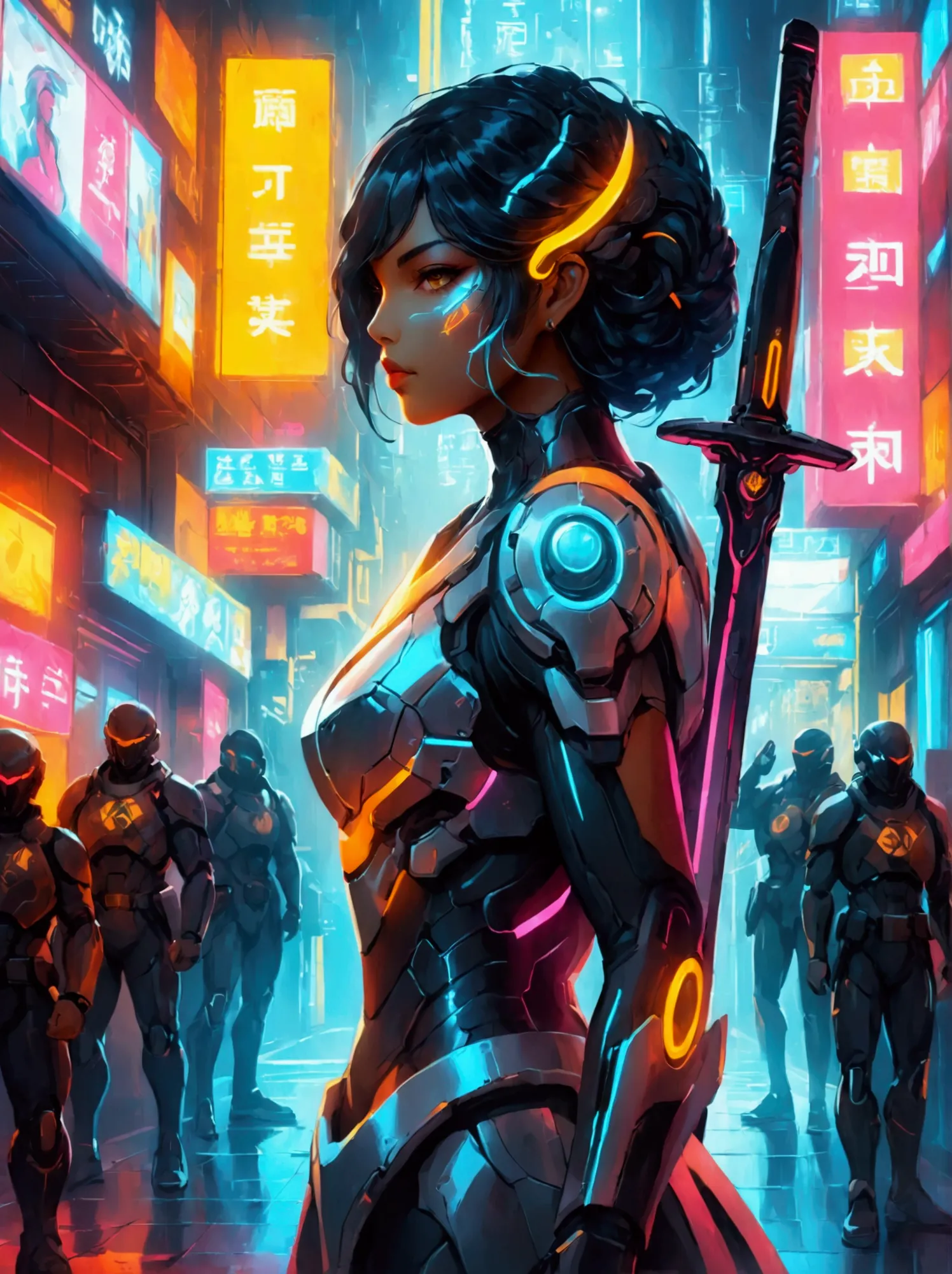 A futuristic warrior, resplendent in glowing armor of vibrant neon shades, stands poised in an active, dynamic stance. The warri...