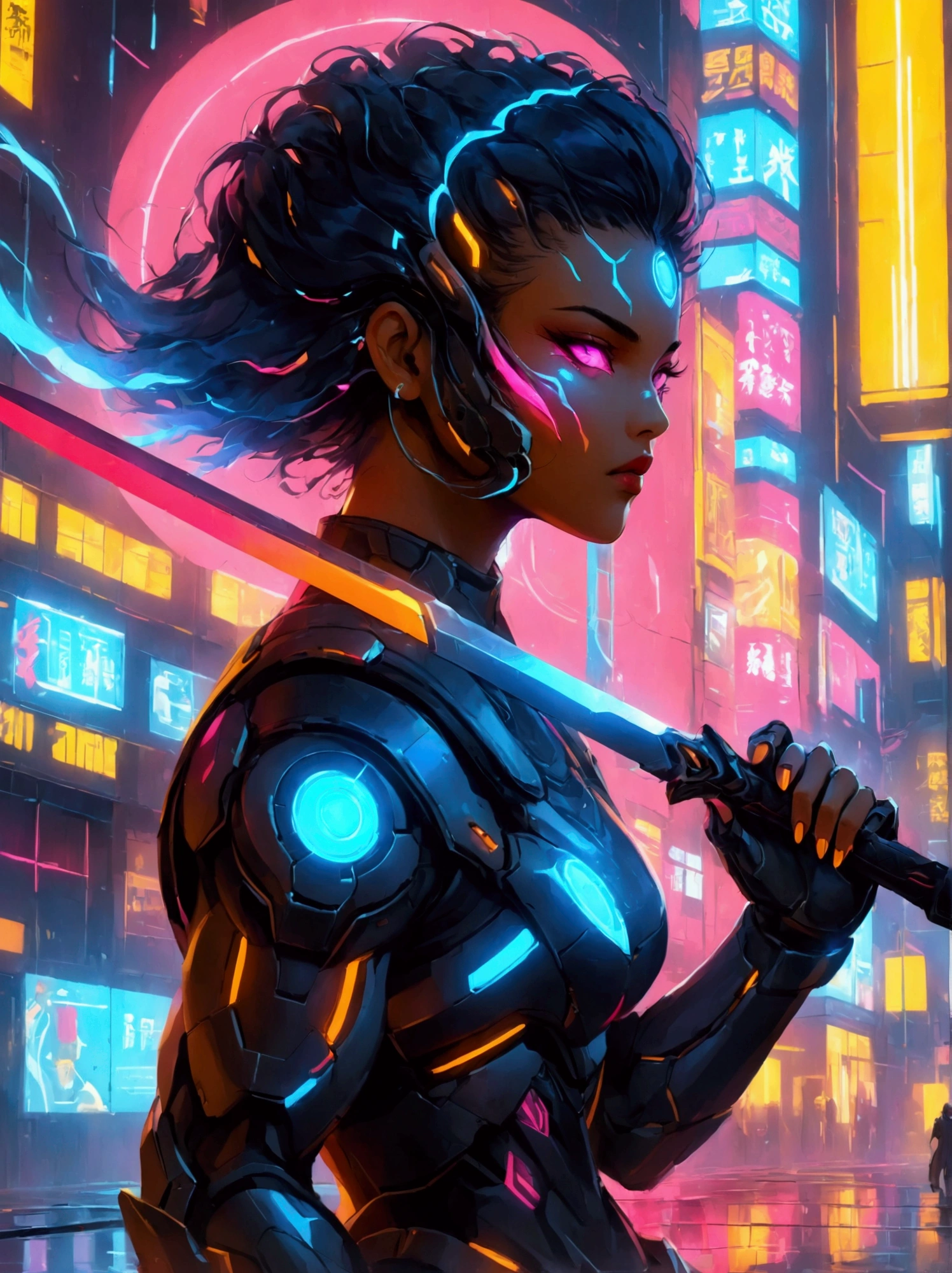 A futuristic warrior, resplendent in glowing armor of vibrant neon shades, stands poised in an active, dynamic stance. The warrior, whose descent is South Asian and gender is female, grasps a light-emanating sword with an air of readiness and intensity. The scene captures the aesthetics of cyberpunk, painted digitally with bold, adventurous brush strokes that mimic the flow and urgency of the situation. Billows of energy erupt around her, as if the city nightscape itself is reacting to her presence. It's a whirlwind of luminosity and avant-garde futurism, encapsulating a cyberpunk warrior's resolve in the face of adversity