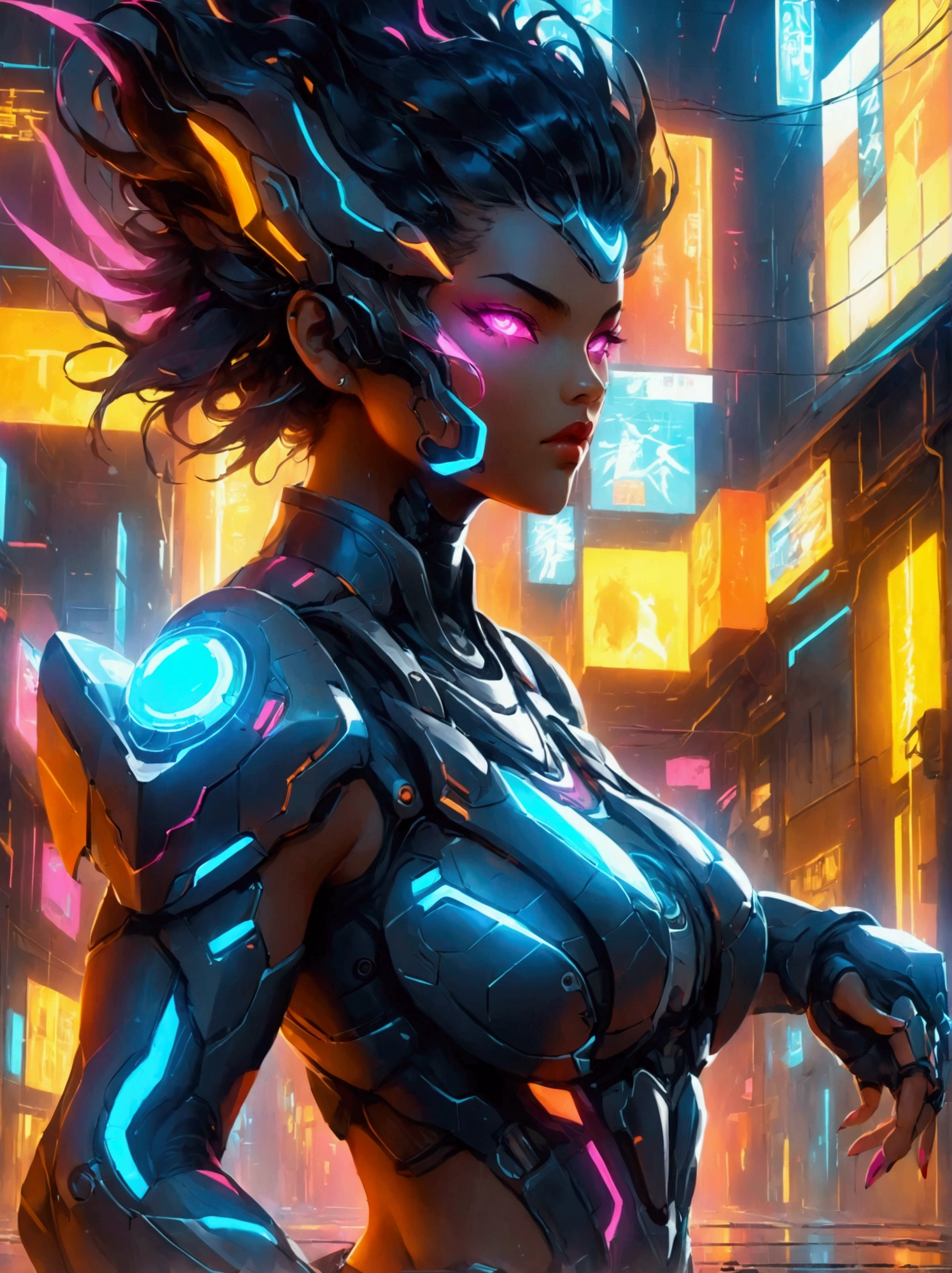 A futuristic warrior, resplendent in glowing armor of vibrant neon shades, stands poised in an active, dynamic stance. The warrior, whose descent is South Asian and gender is female, grasps a light-emanating sword with an air of readiness and intensity. The scene captures the aesthetics of cyberpunk, painted digitally with bold, adventurous brush strokes that mimic the flow and urgency of the situation. Billows of energy erupt around her, as if the city nightscape itself is reacting to her presence. It's a whirlwind of luminosity and avant-garde futurism, encapsulating a cyberpunk warrior's resolve in the face of adversity