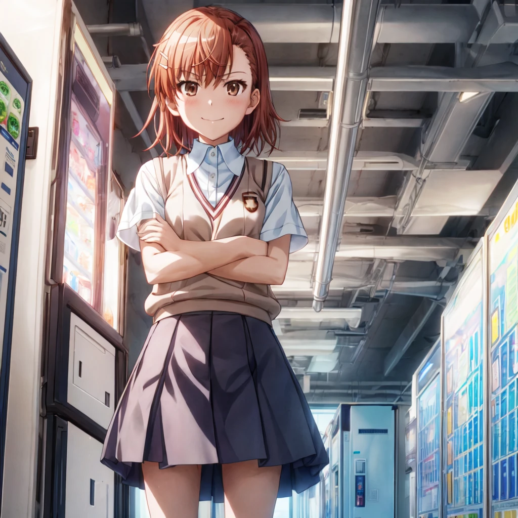 superior_Mikoto, One Girl, alone, School_uniform, tokiwadai_School_uniform, smile，sweater_Best, masterpiece，Electric current is flowing through the body，skirt, brown_sweater_Best,Laughter、Schools、Arms crossed，Blitzkrieg，vending machine