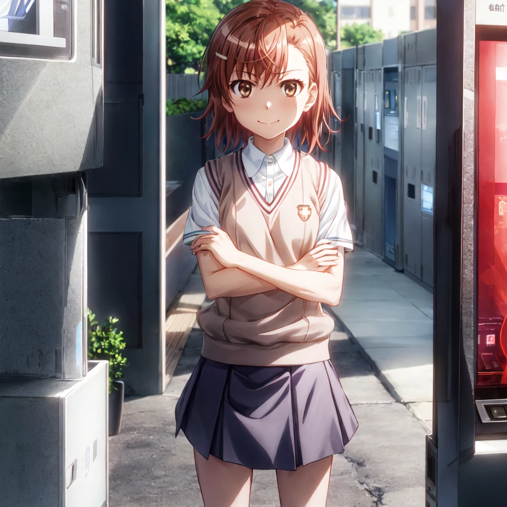 superior_Mikoto, One Girl, alone, School_uniform, tokiwadai_School_uniform, smile，sweater_Best, masterpiece，Electric current is flowing through the body，skirt, brown_sweater_Best,Laughter、Schools、Arms crossed，Blitzkrieg，vending machine