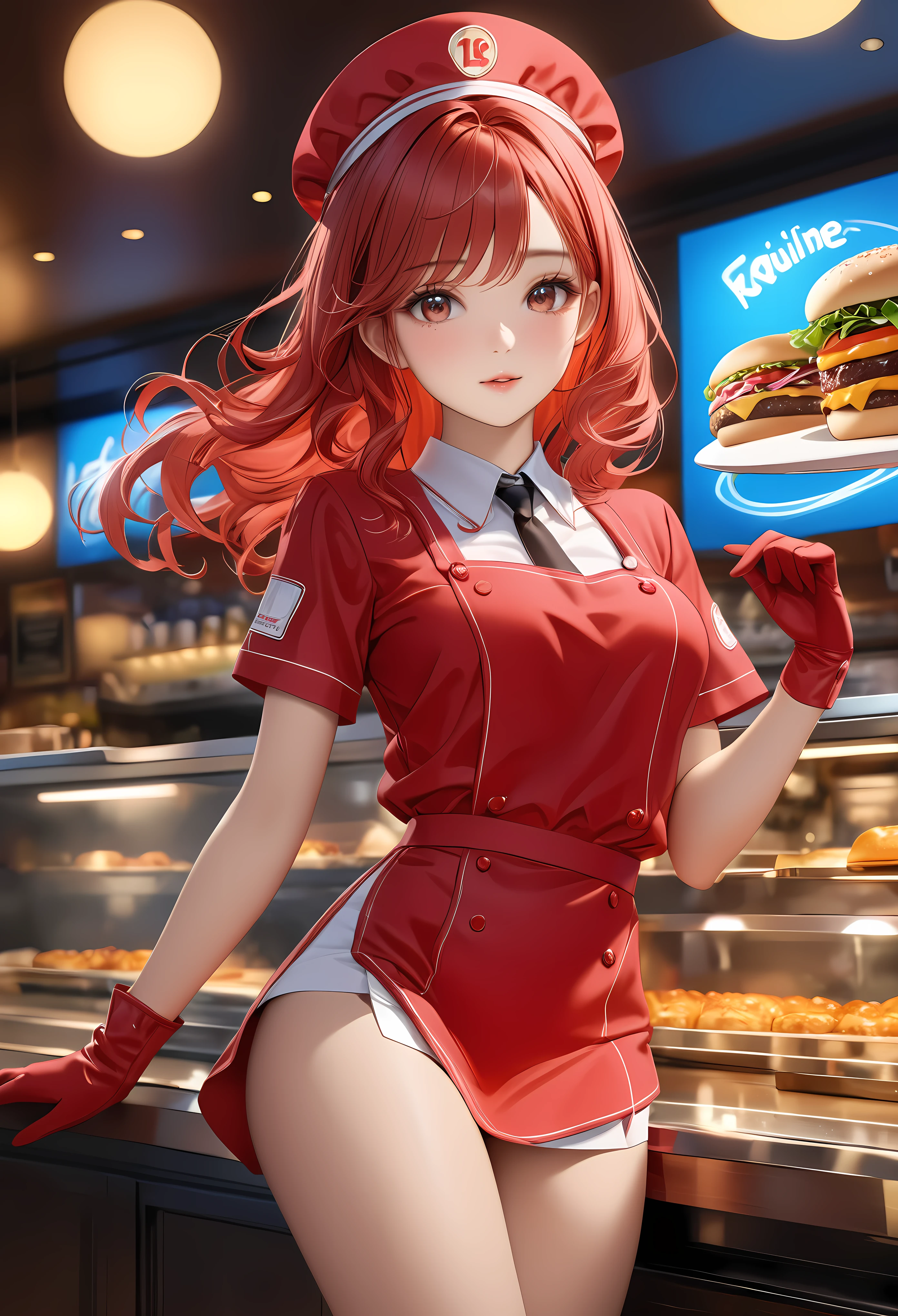 a beautiful fast food worker with bright brunette hair,freckles skin,detailed facial features,cute fast food waiter uniform,fast food worker hat,cutre pose,aesthetic fast food restaurant,neon light,fast food menu,delicious dessert,supermodel beauty,aquiline nose,best quality,8k,highres,masterpiece:1.2,ultra-detailed,realistic,photorealistic,photo-realistic:1.37,HDR,UHD,neon lighting,warm restaurant room,ultra-fine painting,sharp focus,physically-based rendering,extreme detail description,professional,vivid colors,bokeh,portrait | Rendered in ultra-high definition with UHD and retina quality, this masterpiece ensures anatomical correctness and textured skin with super detail. With a focus on high quality and accuracy, this award-winning portrayal captures every nuance in stunning 16k resolution, immersing viewers in its lifelike depiction. | ((pretty wavey red hair):1.1), ((fancy handgloves):1.1) | (((anatomical correctness))), (((perfect_fingers))), (((perfect_legs))), (((perfect_hands))), ((perfect_composition, perfect_design, perfect_layout, perfect_detail, ultra_detailed)), ((enhance_all, fix_everything)), More Detail, Enhance.