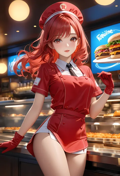 a beautiful fast food worker with bright brunette hair,freckles skin,detailed facial features,cute fast food waiter uniform,fast...