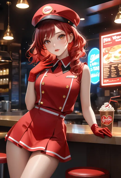 a beautiful fast food worker with bright brunette hair,freckles skin,detailed facial features,cute fast food waiter uniform,fast...