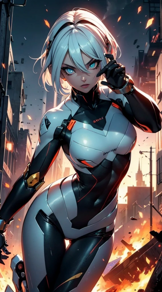 (mechanical parts:1.5),fighting , glowing eyes, short hair,torn tight supersuit, in a destroyed city, smoke and fire, glowing power aura, dynamic pose, dynamic view