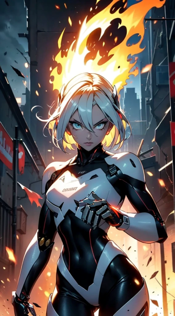 (mechanical parts:1.5),fighting , glowing eyes, short hair,torn tight supersuit, in a destroyed city, smoke and fire, glowing power aura, dynamic pose, dynamic view